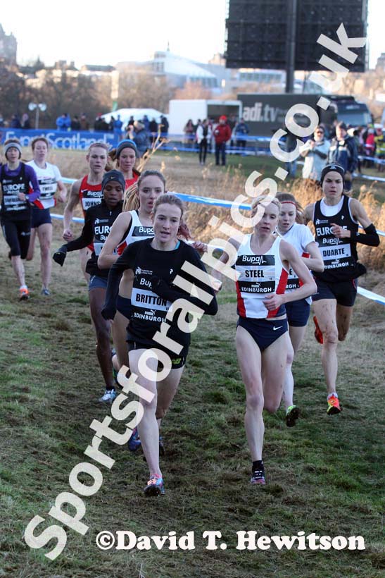 Fionnuala Britton and Gemma Steel lead the senior womens 6k BUPA Great Edinburgh Cross Country. Photo: David T. Hewitson/Sports for All Pics